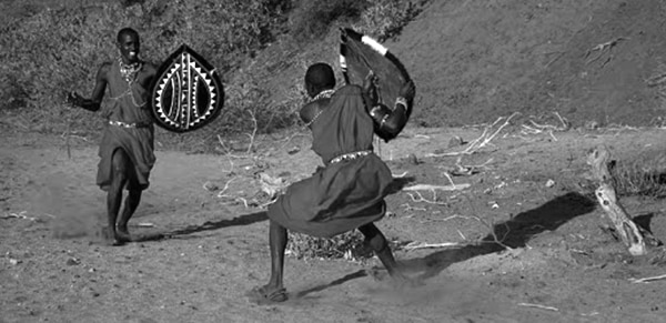 Maasai warriors learning to fight