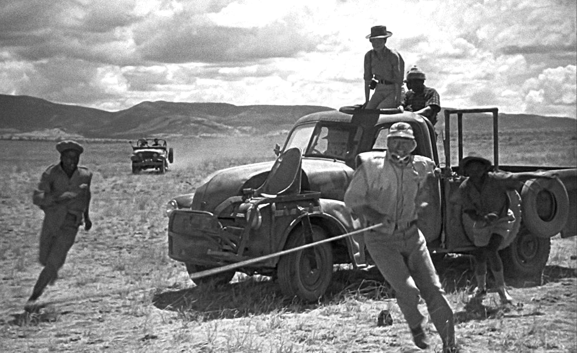 Part of Hatari film showing trucks and actors trying to catch animals