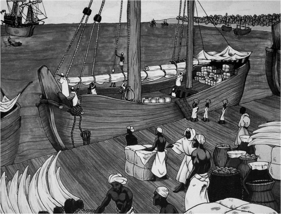 A drawing of merchant ships, traders, cargo and slaves at Kilwa