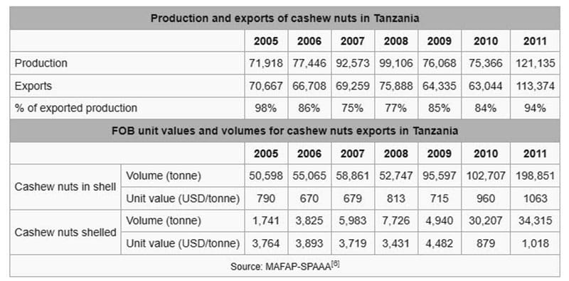 Production and exports of cashew nuts in Tanzania