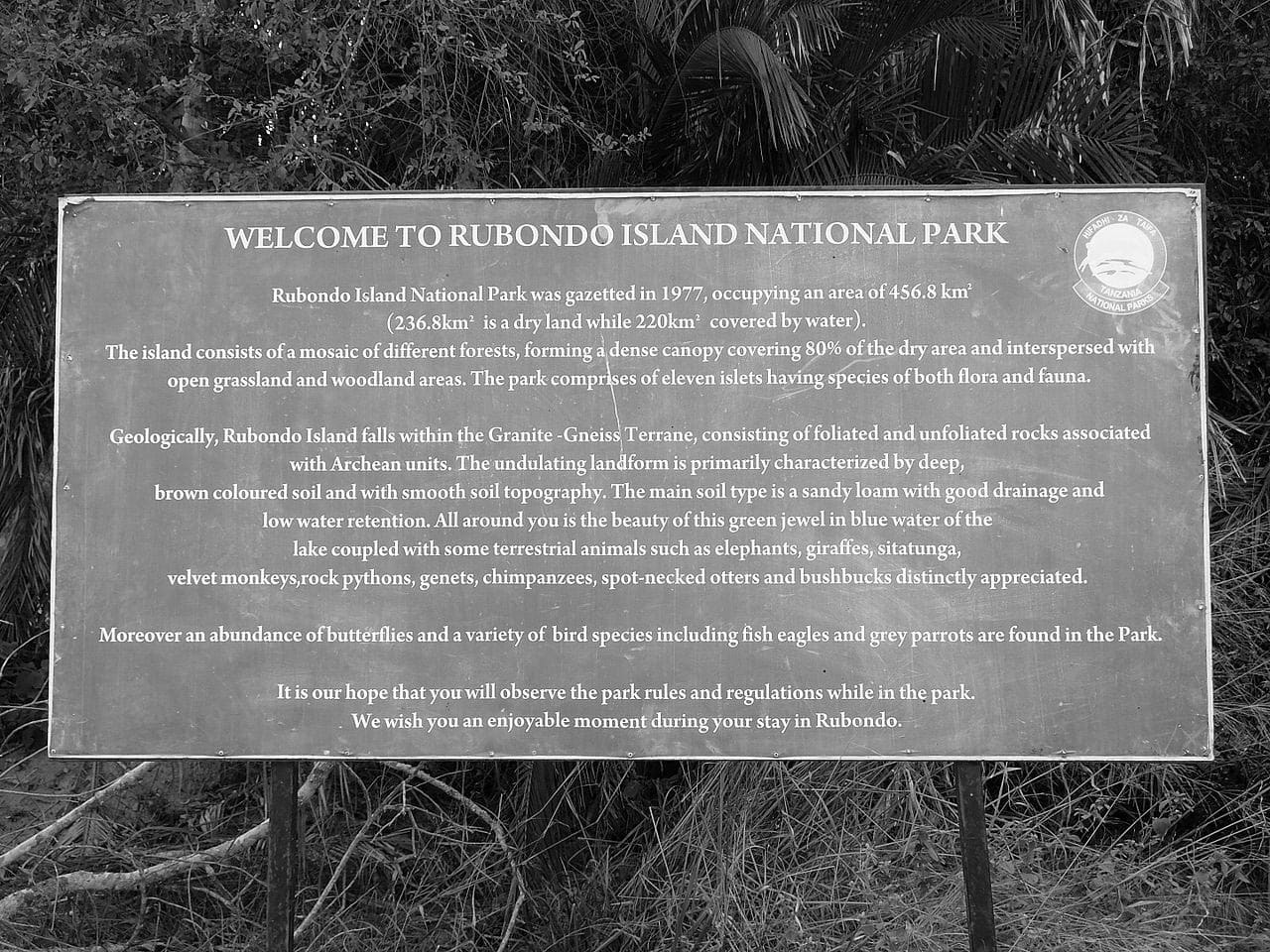 The sign welcoming visitors to Rubondo Island National Park