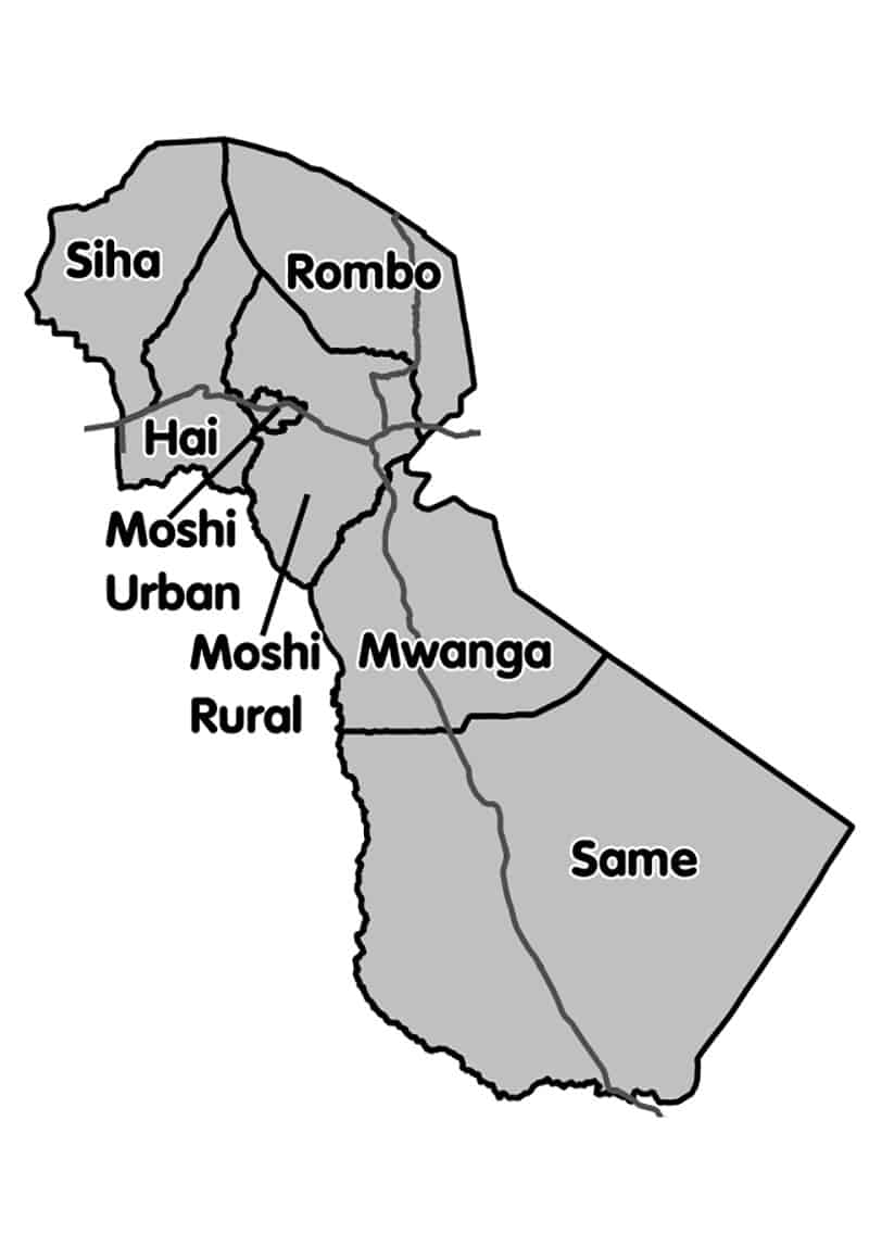 Map of Kilimanjaro region Tanzania