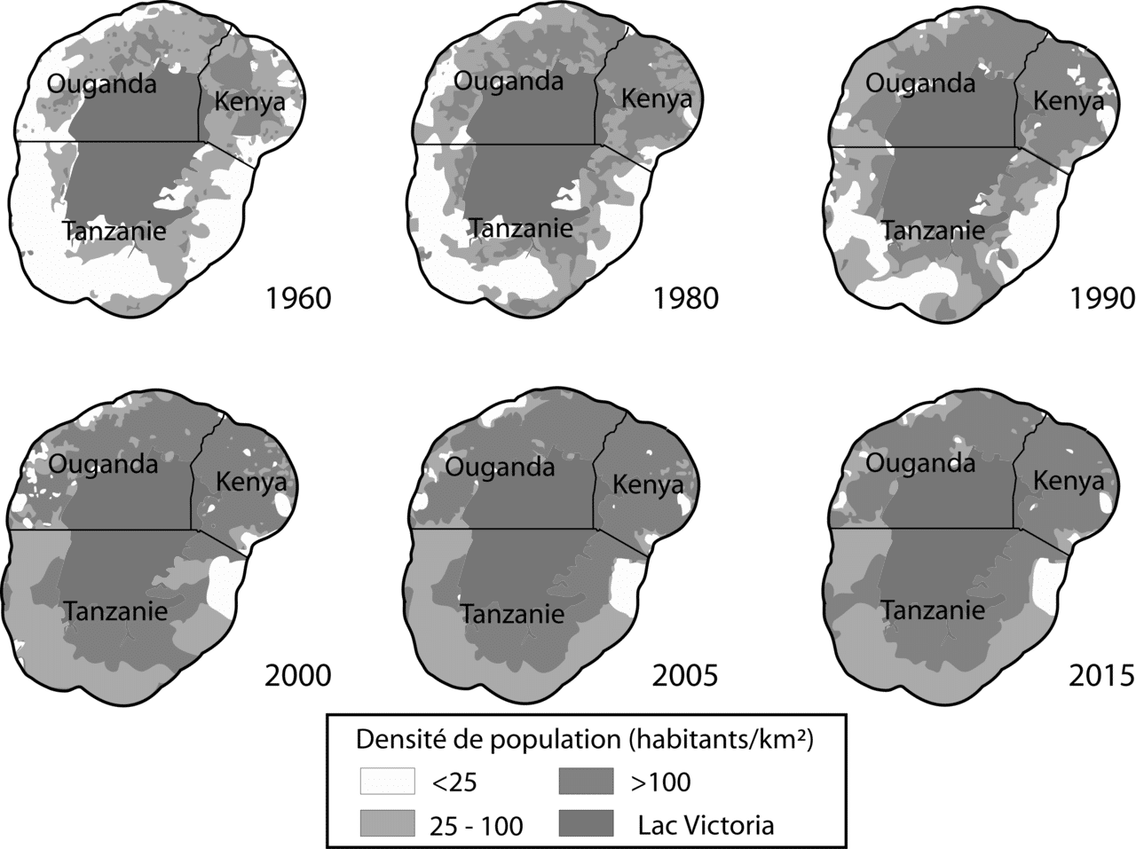 Density of population surrounding Lake Victoria in various periods