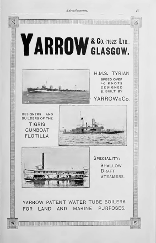 An advertisement for Yarrow Shipbuilders Limited in the 1923