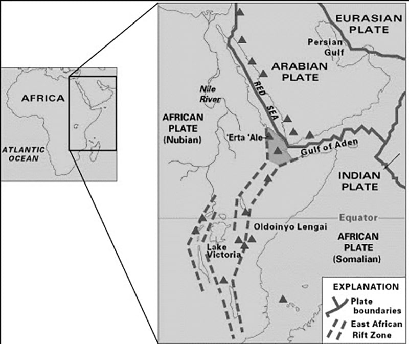 East African rift valley on world map displaying various historical active volcanoes