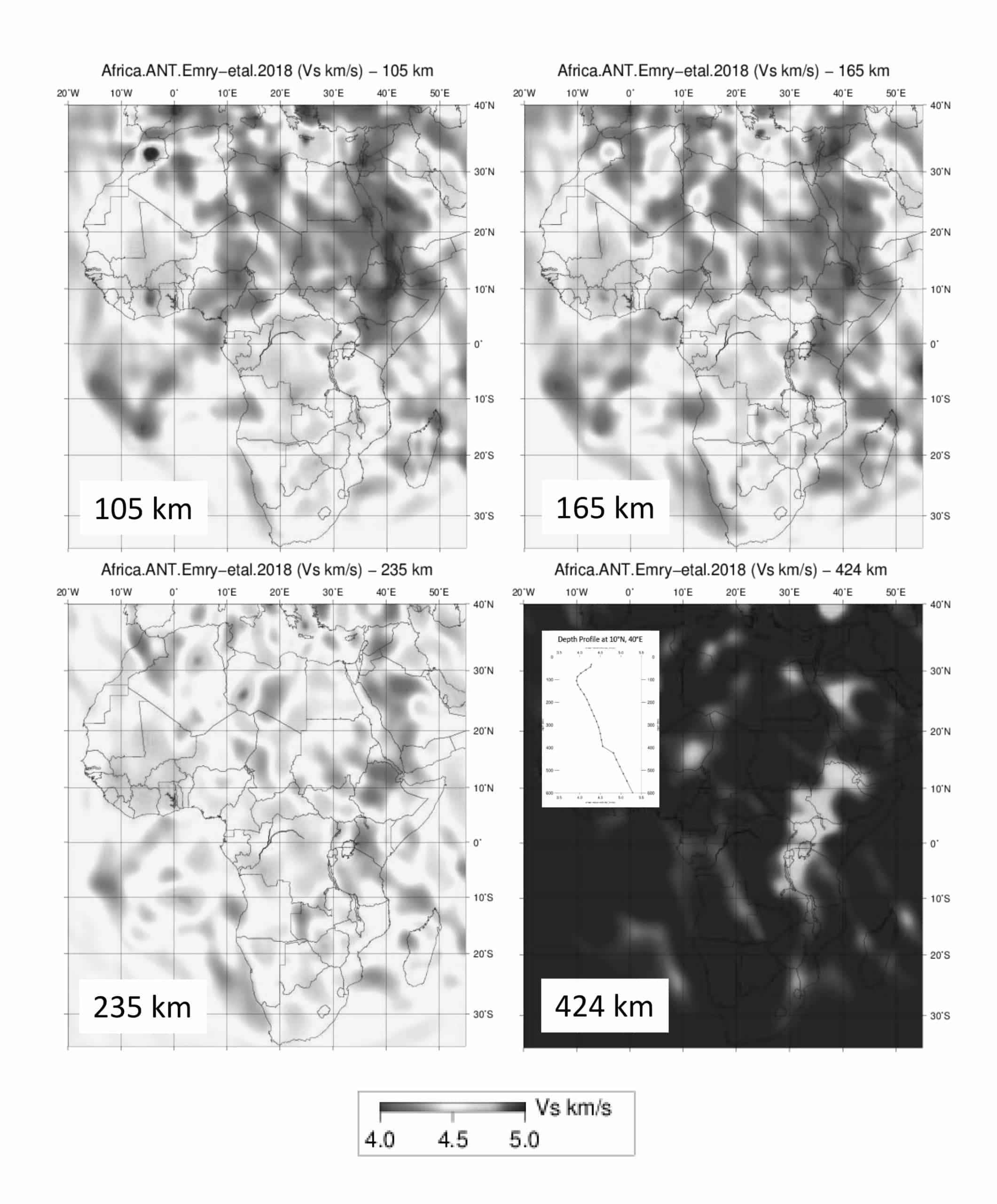 Rift valley of east Africa in world map of four different depth slices of the Shear-velocity (Vs) model developed by Emry et al. 2018