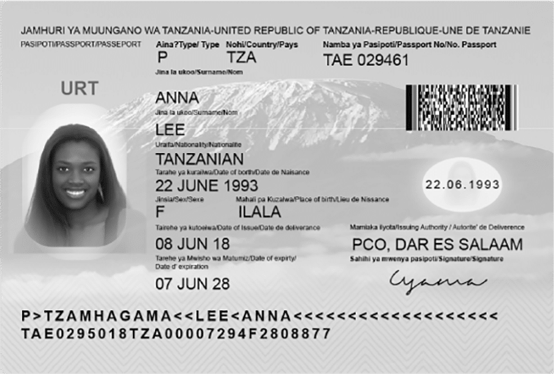 Sample description of a Tanzania passport