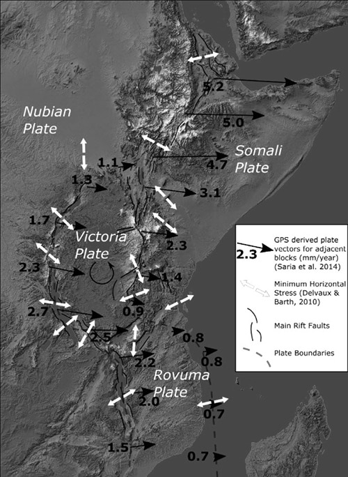 The east african rift valley diagram of major plates, rift faults, GPS plate velocities, plate boundaries between overlooking blocks and minimum horizontal stress directions