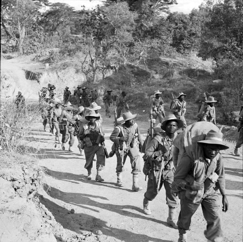 Troops of 11th (East Africa) Division on the road to Kalewa, Burma, during the Chindwin River crossing