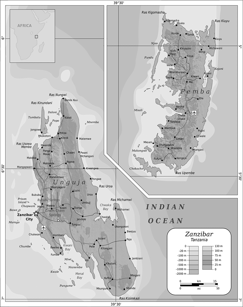 Map of Zanzibar and Pemba islands