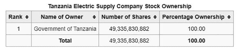 Tanzania Electric Supply Company Stock Ownership
