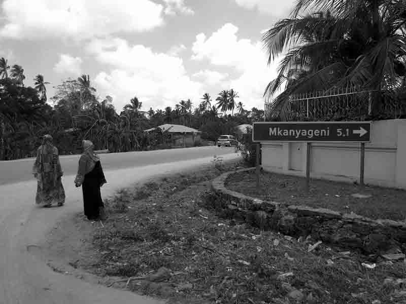 Road sign in Unguja Island showing distance to Mkanyageni