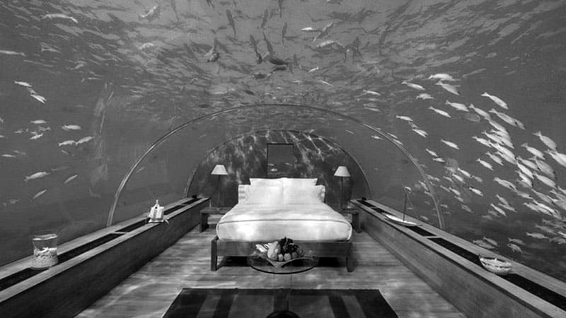 The bedroom in the underwater hotel in Zanzibar