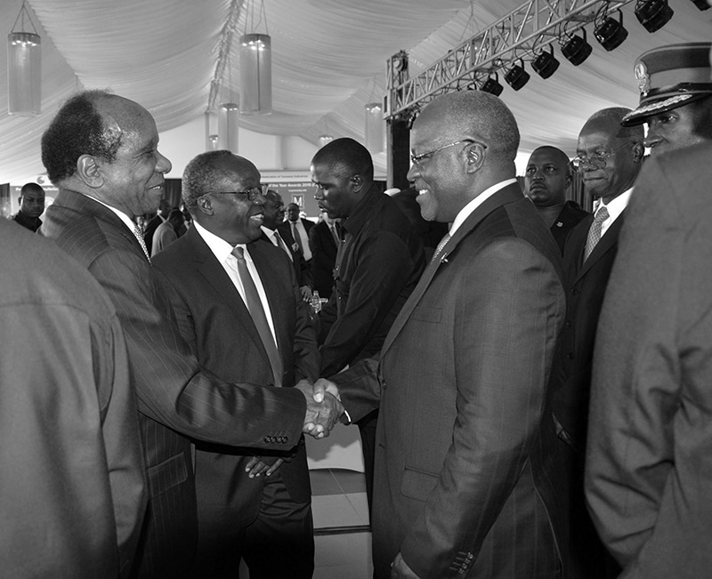 Reginald Mengi shaking hands with President Magufuli