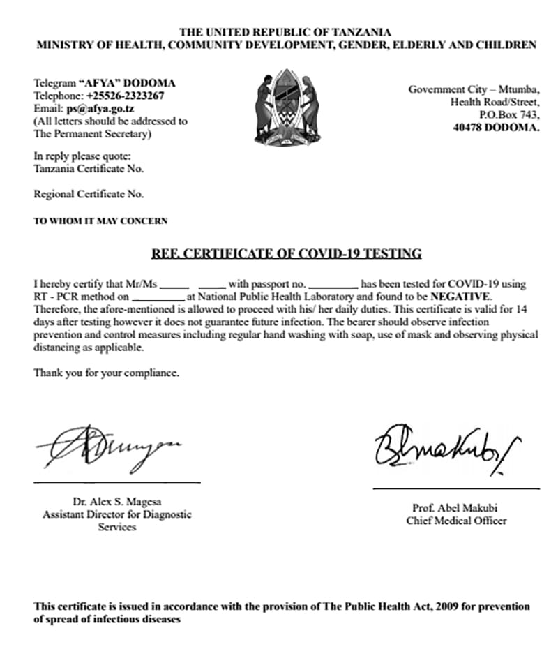 Tanzania Certificate of Covid - 19 Testing