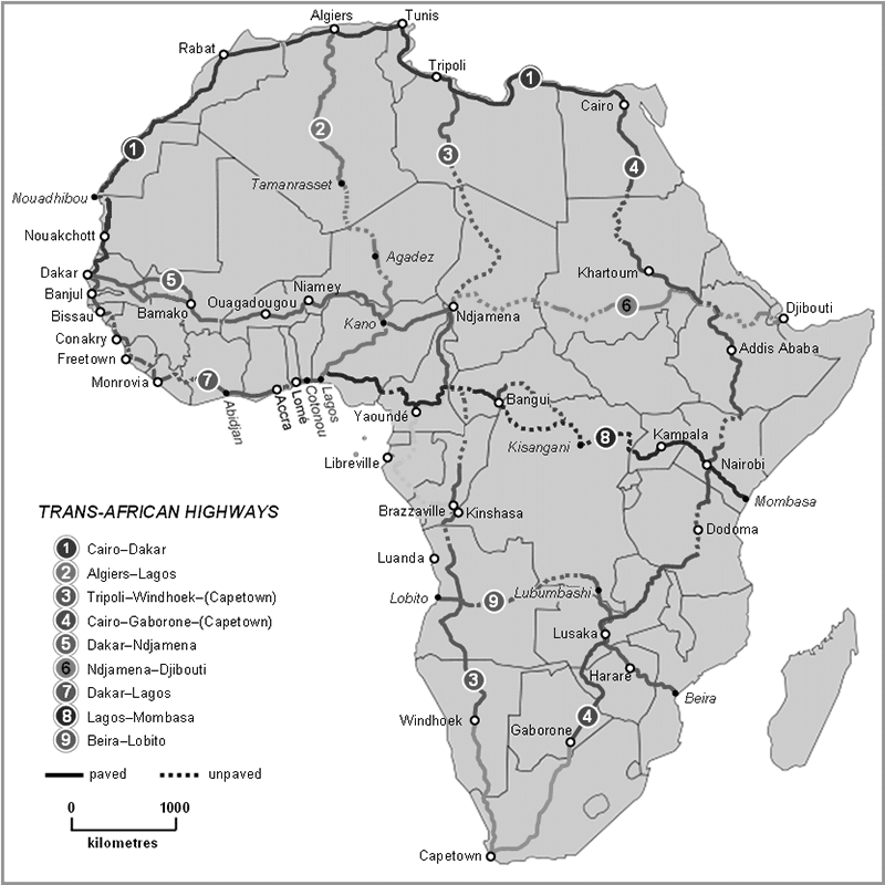 Map of Trans-African Highways based on data 2000 to 2003