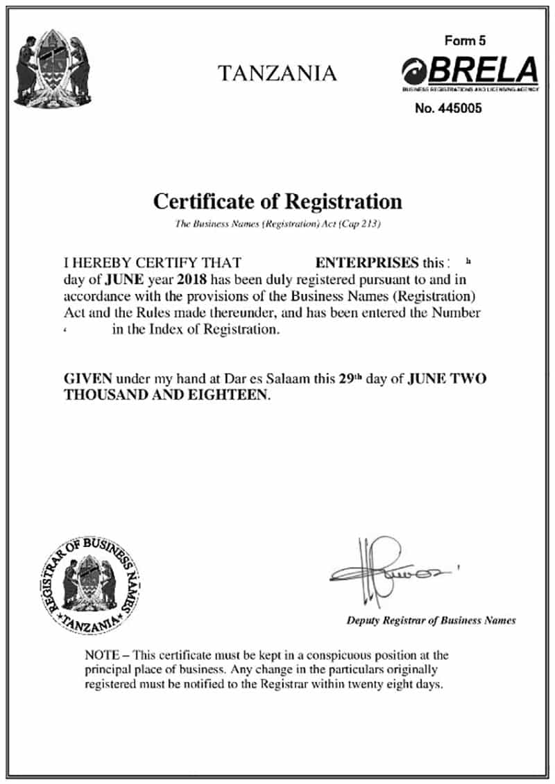 Sample Brela business certificate of registration