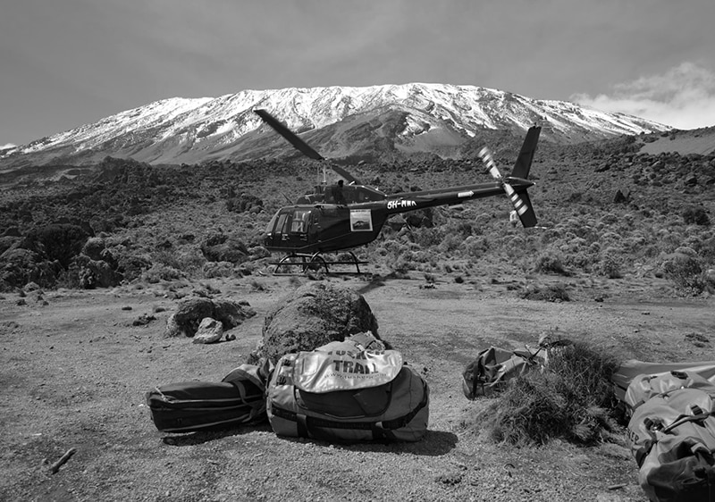 Emergency helicopter on one of Kilimanjaro zones ready to go for evacuation