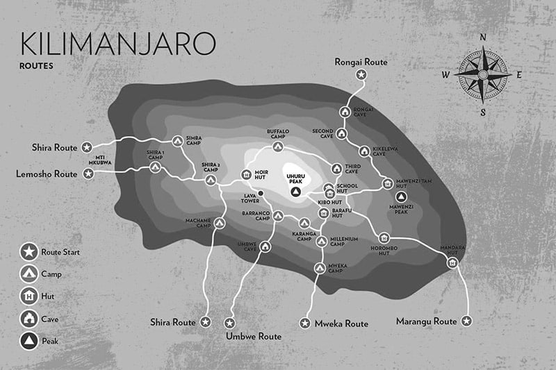 A Map comparing the Kilimanjaro Trails