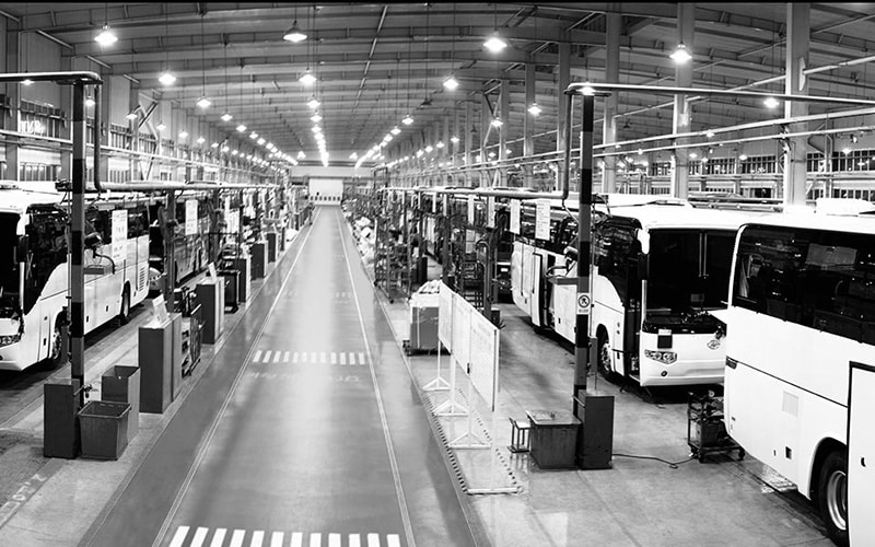 Higer Buses in a factory assembly line