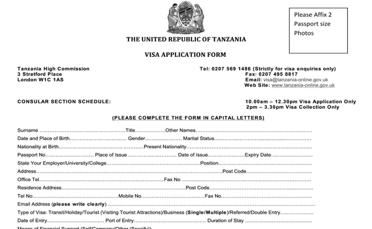 The United Republic of Tanzania Visa Application Form