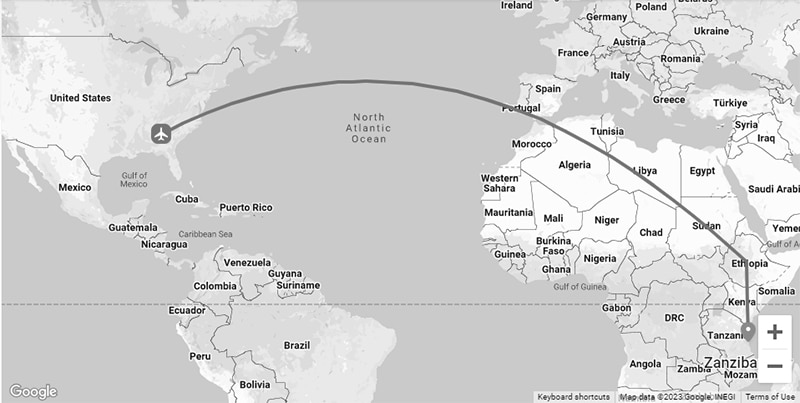 Atlanta to Tanzania flight route on Google map