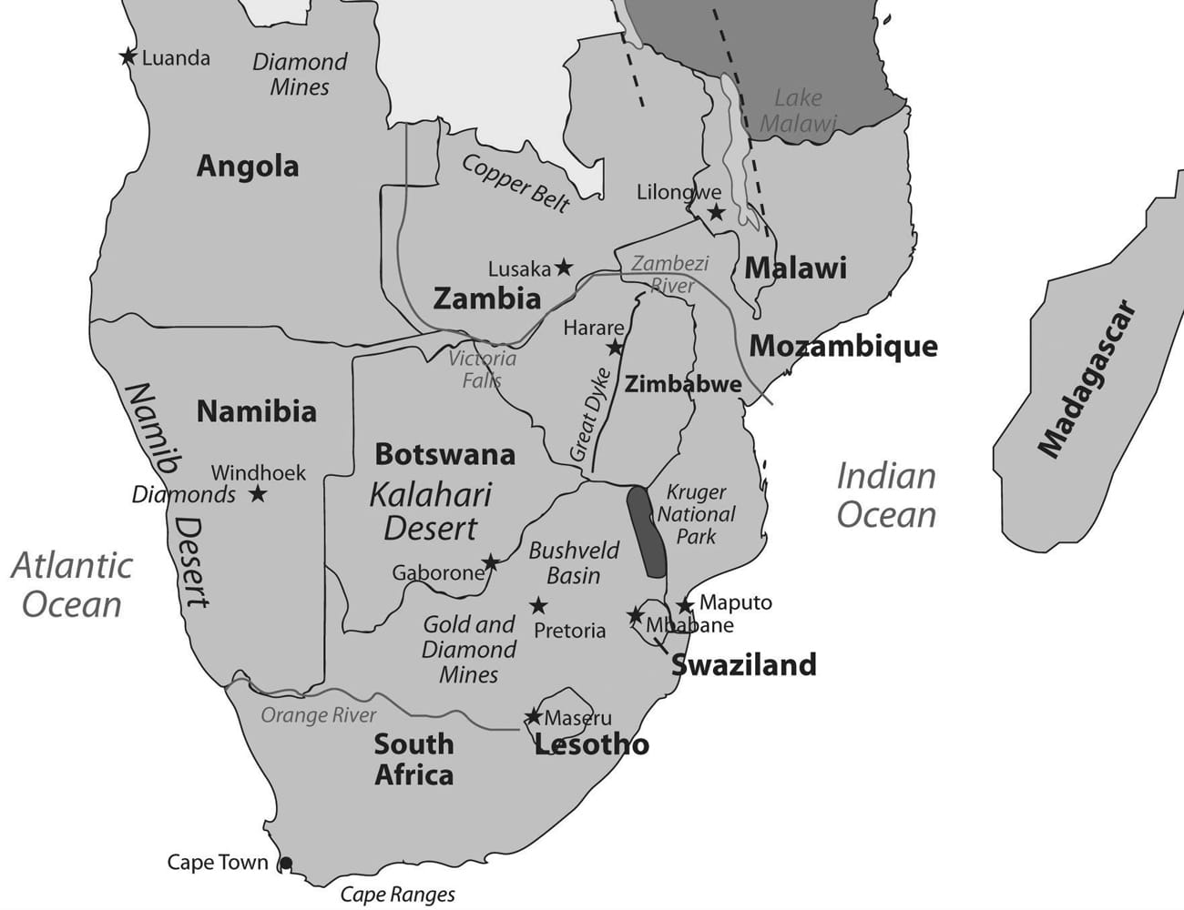 A Map Showing Countries in Southern African Region