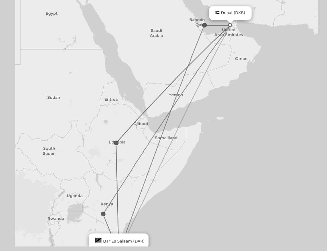 A Map Showing Dubai to Dar es Salaam Flight Route