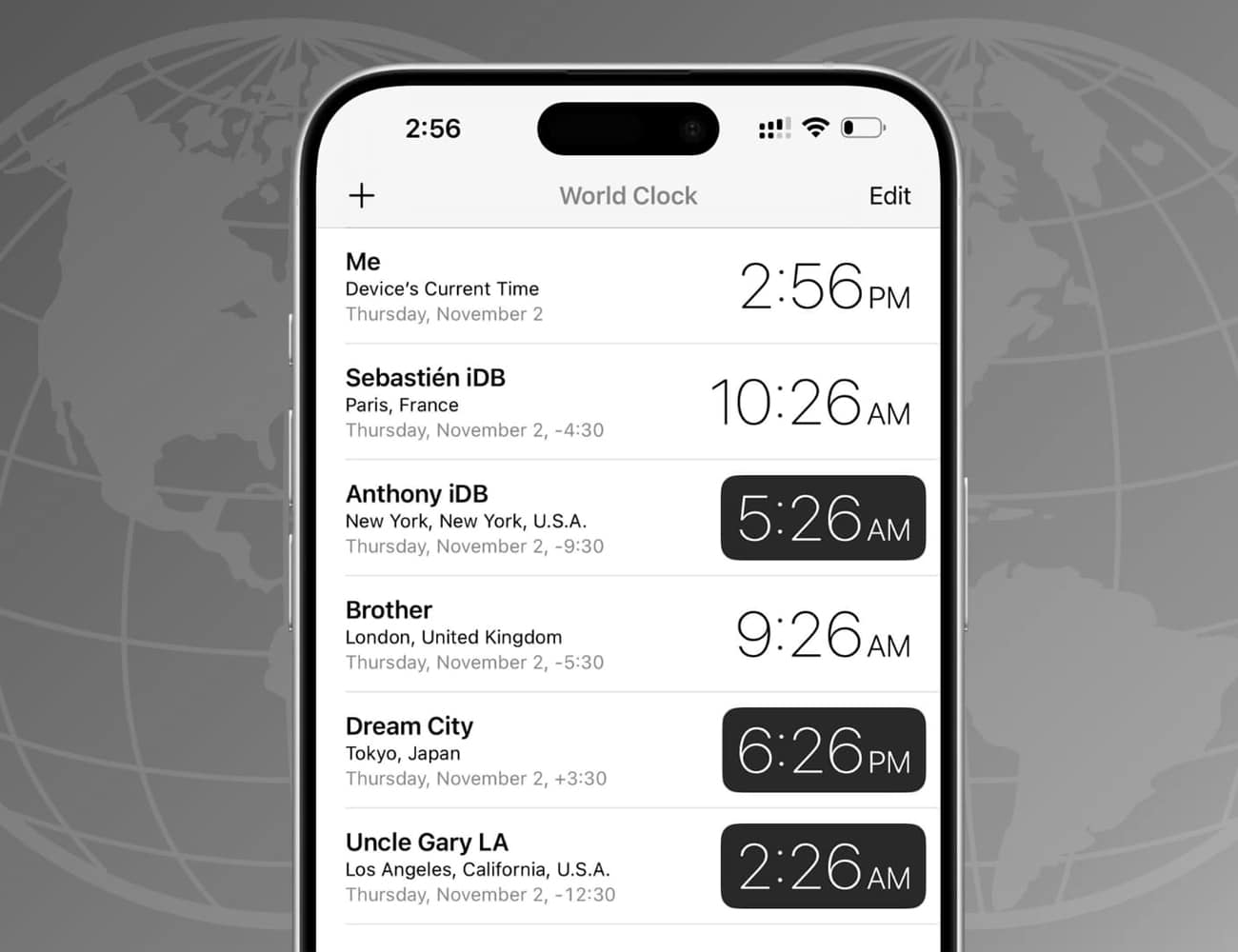 A Phone Showing Multiple Time Zones