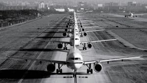 Airlines on a taxiway at the airport