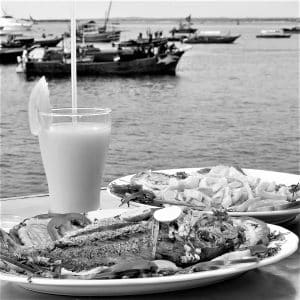 Fresh tropical fruit juice, fried fish and chips