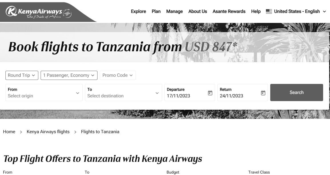 Flight Offers to Tanzania with Kenya Airways on their website