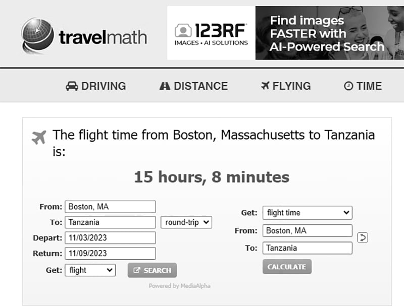 Flight Time from Boston, MA to Tanzania via travelmath