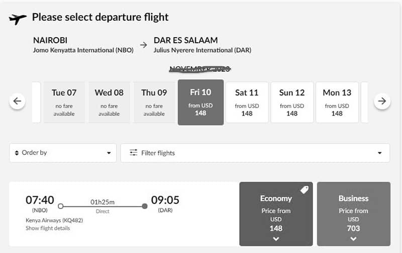 Flight options to Dar es Salaam on Kenya Aiways website