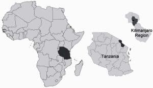 A map of Africa showing Tanzania and the Location of Mount Kilimanjaro