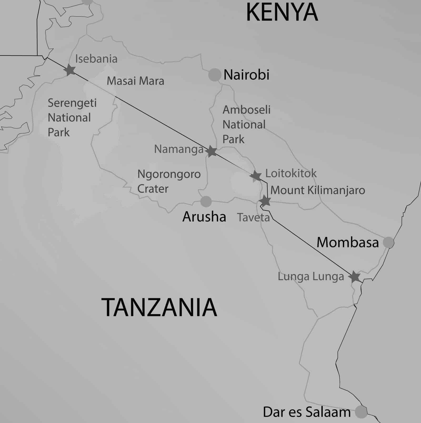 Kenya to Tanzia route on map