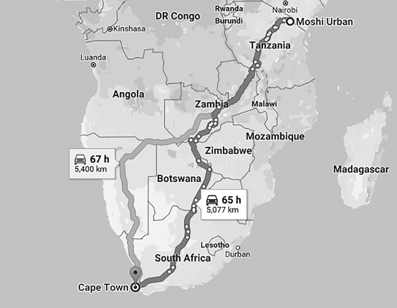 Tanzania to South Africa Route