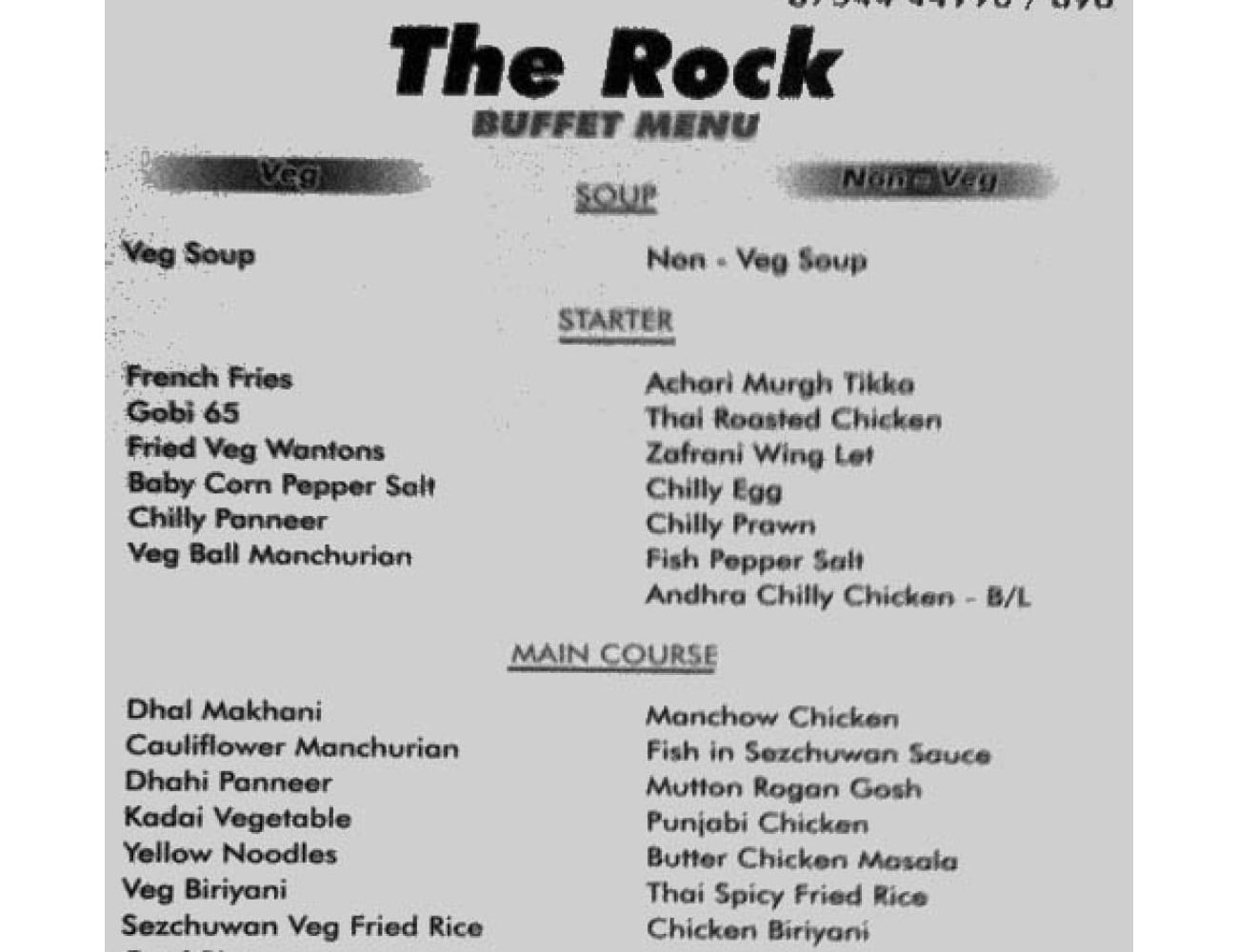 The Rock Restaurant Buffet Menu
