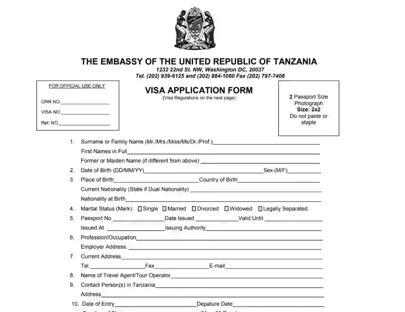 United Republic of Tanzania Visa Application Form