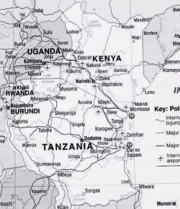 A map of East Africa showing The location of Arusha