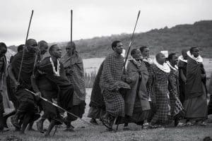 Maasai men and women celebrating