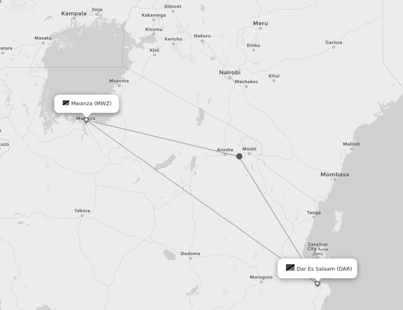 Map Showing Dar Es Salaam to Mwanza Flight Route