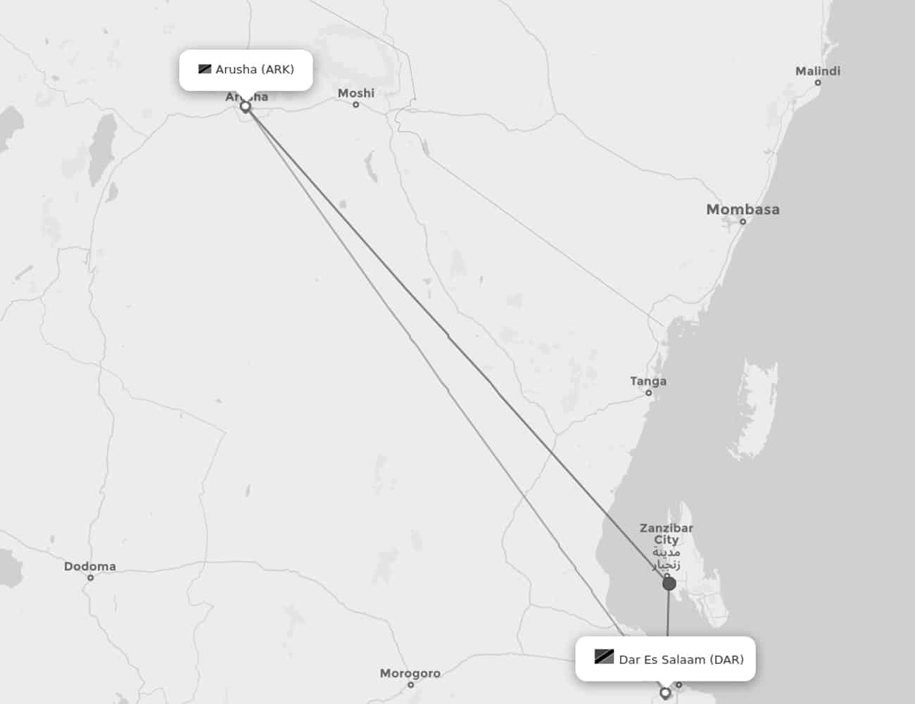 Map Showing Flights from Dar es Salaam to Arusha